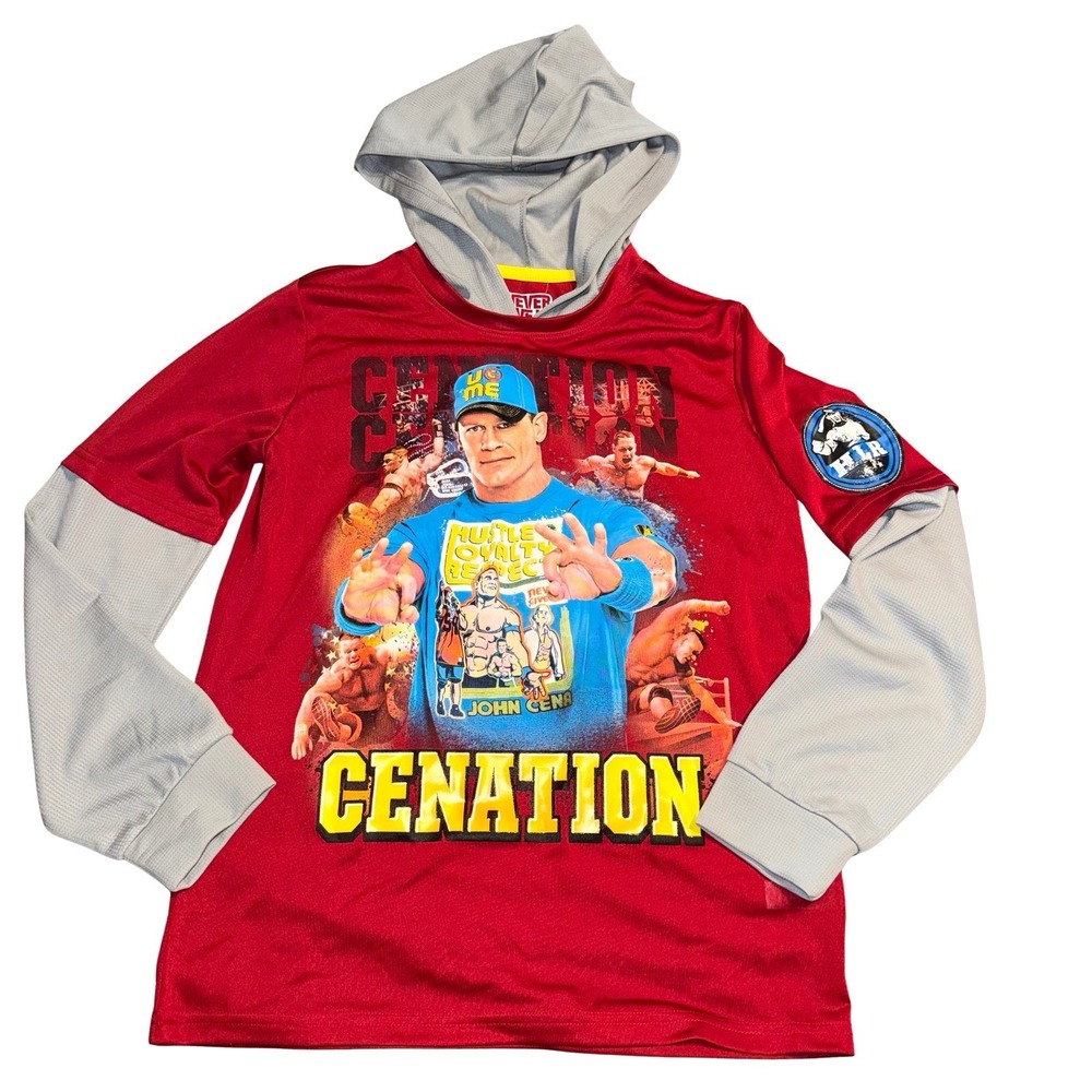 John Cena WWE‎ Boys XL Hooded Thermal Long Sleeve Shirt Never Give Up